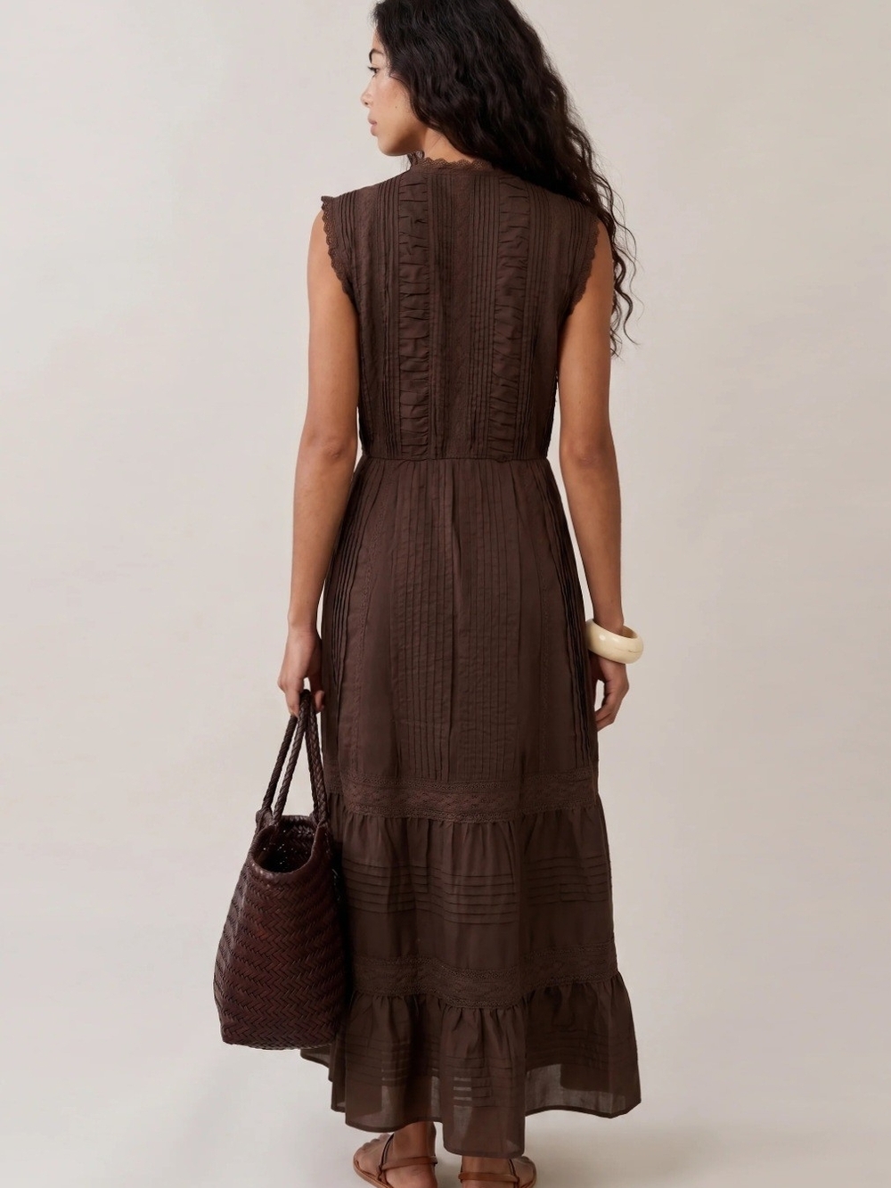 Few Moda Atelier Sorella Brown Maxi Dress, Button Front, Pintucking, Lace - Picture 2 of 10